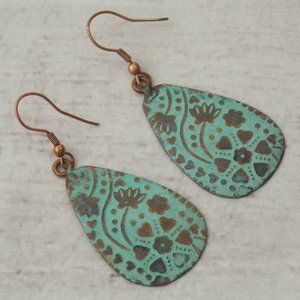 Anju Copper Patina Collection Earrings Turquoise Handcrafted Teardrop India Hang